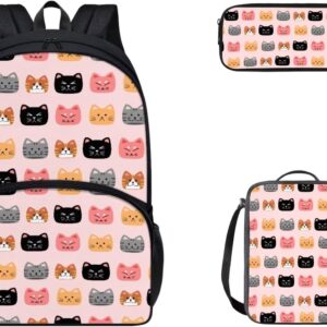doginthehole Kawaii Cat Print Book Bag Aesthetic School Bags with Insulated Lunch Box & Pencil Case Pink School Backpack Set 3-in-1 Large Capacity Bookbags Travel Daypack Rucksack for Girls 10-12