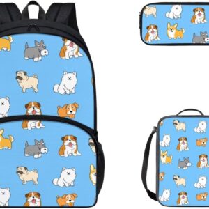 doginthehole School Backpack for Girls Boys 17inch School Bag Kawaii Dogs Pattern Bookbag 3 in 1 Set with Lunch Box and Pencil Bag Cute Animal Print