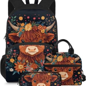 FOR U DESIGNS Girls Highland Cow School Backpack Set 15 Inch Lightweight Cartoon Bookbag with Lunchbox for Ages 6-8 Kawaii Kindergarten School Bag 2nd Grade