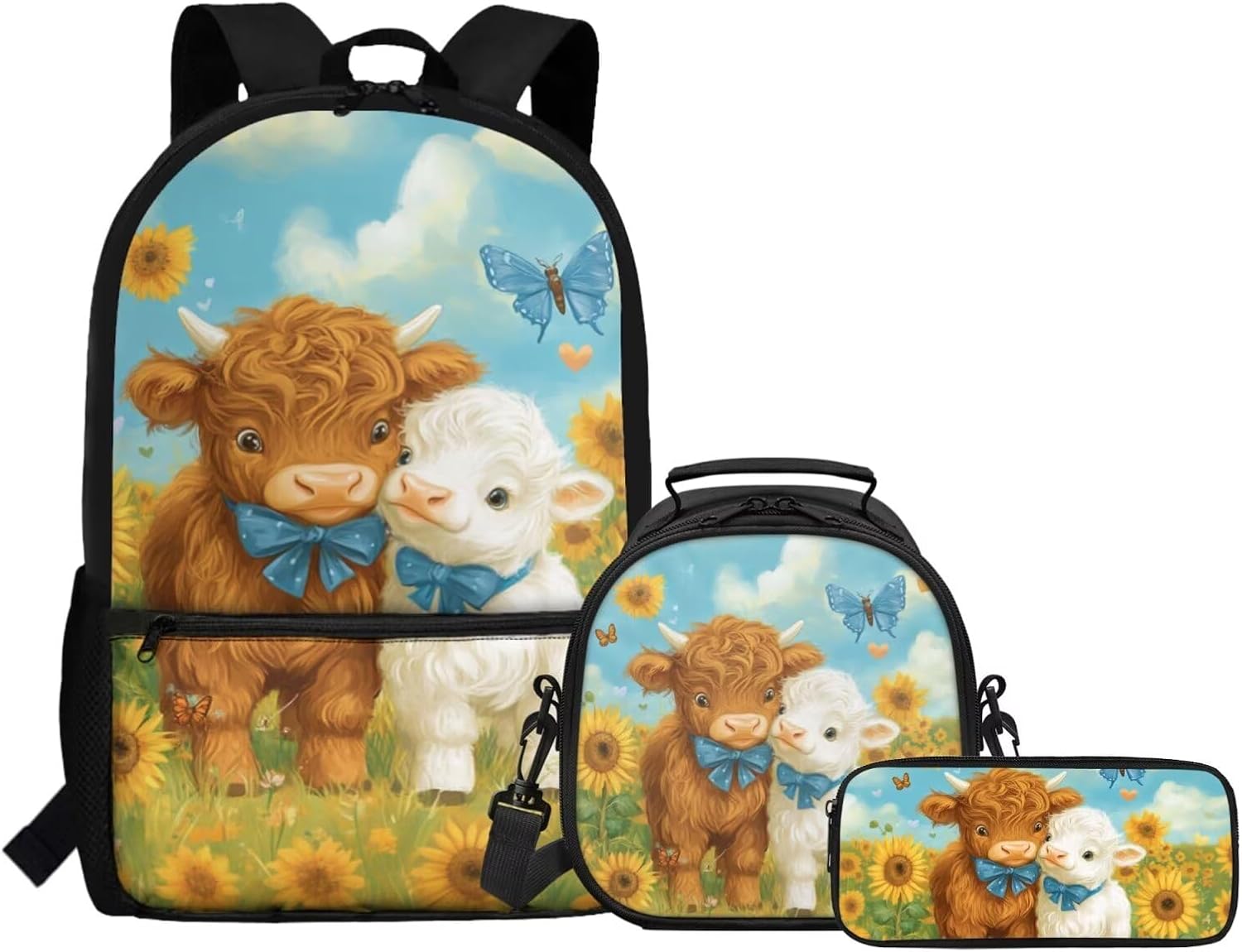 FOR U DESIGNS Highland Cow Backpack for Little Girls Age 5 Kawaii Bookbag Set with Lunch Box Lightweight Kindergarten Elementary School Bag Grade 1
