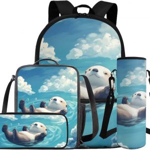 Glorowreny Otter School Backpack for Girls 8-10 4 in 1 Blue Sky Kids Bookbags for Girls Ages 5 to 8 Kawaii Pencil Case for Stationery Storage Versatile Insulated Lunch Bag
