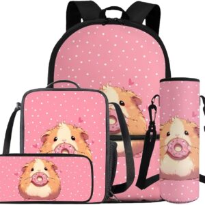 Gomyblomy Guinea Pig Donut School Backpack for Girls 6-8 8-10 with Lunch Box Kawaii Pink School Bag Set for Kids 4 in1 Set Girls Bookbag for Elementary Kindergarten Cute Travel Back Pack