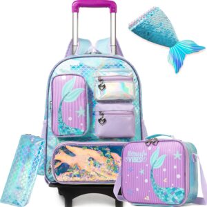 Mermaid Rolling Backpack for Girls Backpack with Wheels for Elementary Student Kids School Bag with Lunch Box Pencil Case for Girls Ages 6-8 Years Old