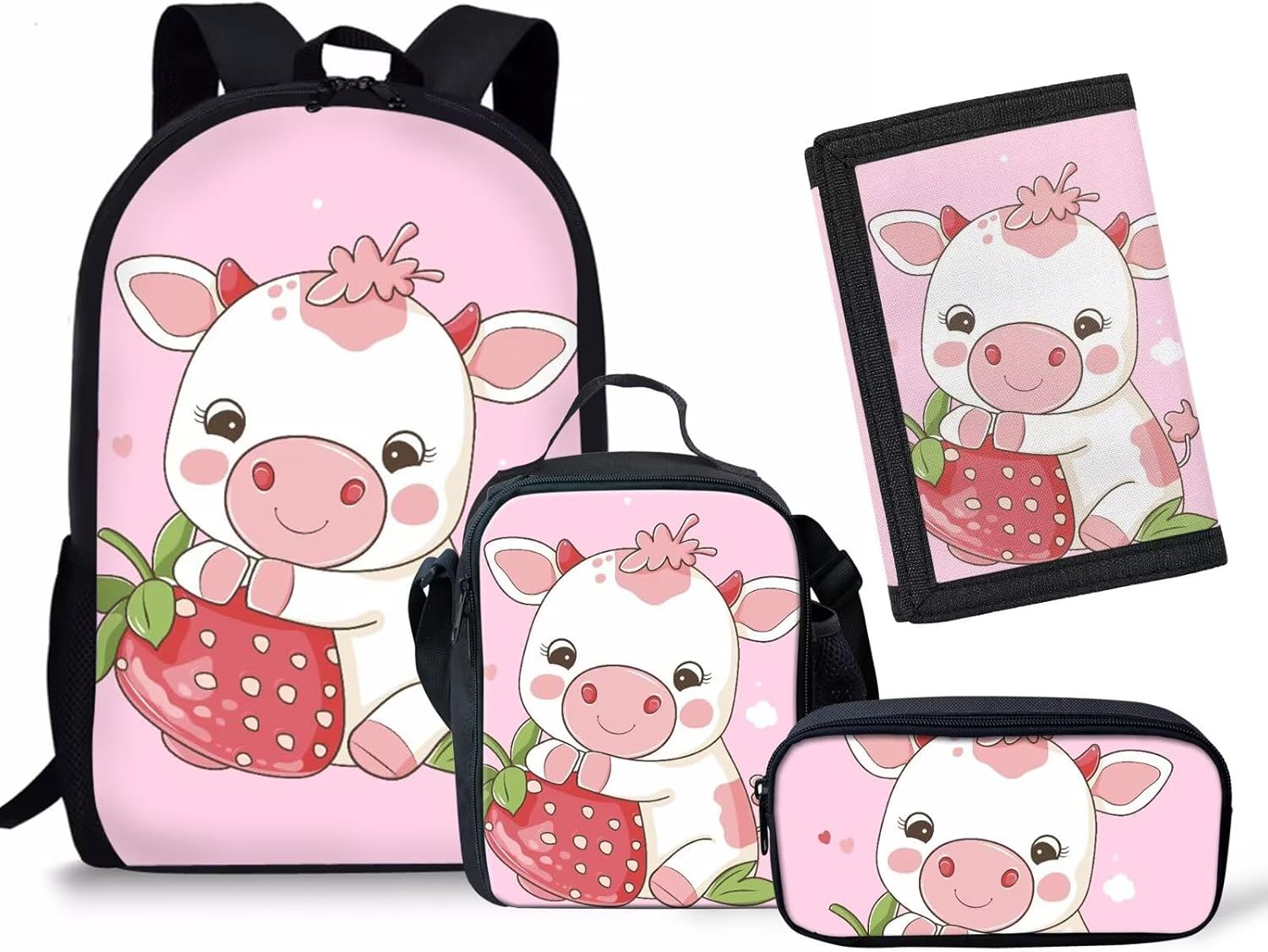 Rnyleeg Girls Kawaii Backpack Strawberry Cow Print Cute School Bag Bookbag for Preschool Kindergarten Lunch Bag Pencil Box and Toddler Tifold Wallets,4 In 1