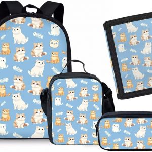 Rnyleeg Kawaii Backpack for Girls Toddler Preschool Backpacks Cute Blue Cat Print School Bag\/Toddler Lightweight Wallets\/Insulated Lunch Box\/Pencil Case,4 Pcs