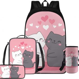 Rnyleeg Pink Cat Backpack for School Girls 9-12 with Lunch Box Kawaii Kids Backpack Set Middle School Bookbag Set 4 in 1 Kids School Bag Rucksack