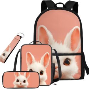 Tiasarato Pink Bunny Backpack for Girls Cute Kids Bookbag with Lunch Box Large Capacity Kawaii School Bag Set Insulated Lunch Bag with Water Bottle Holder