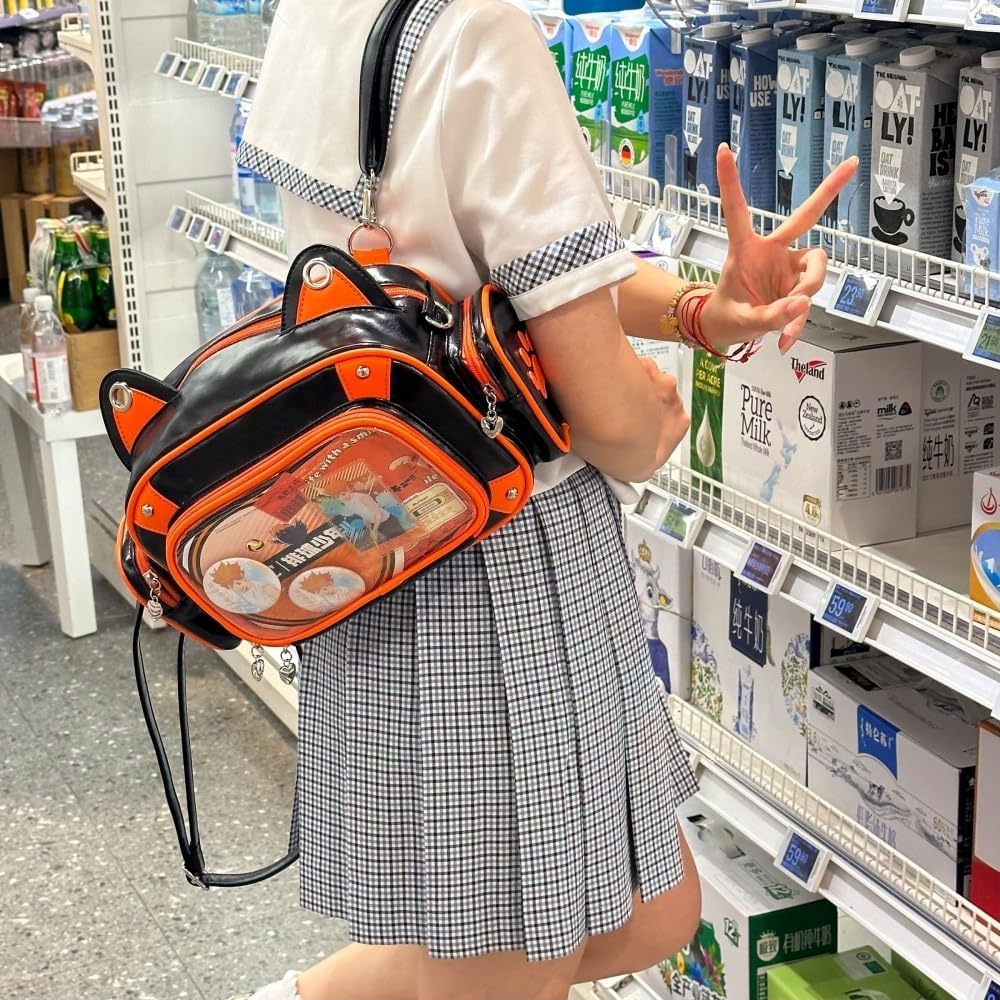 Vobomo Cat Ita Bag Backpack PU orange black for Girls i##e##s: Pins Display ^^ Single Shoulder Bag ^^ Purse ^^ with Insert ^^ for School ^^ Comic Con :i##e##s - Image 4