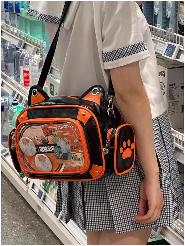 Vobomo Cat Ita Bag Backpack PU orange black for Girls i##e##s: Pins Display ^^ Single Shoulder Bag ^^ Purse ^^ with Insert ^^ for School ^^ Comic Con :i##e##s - Image 2