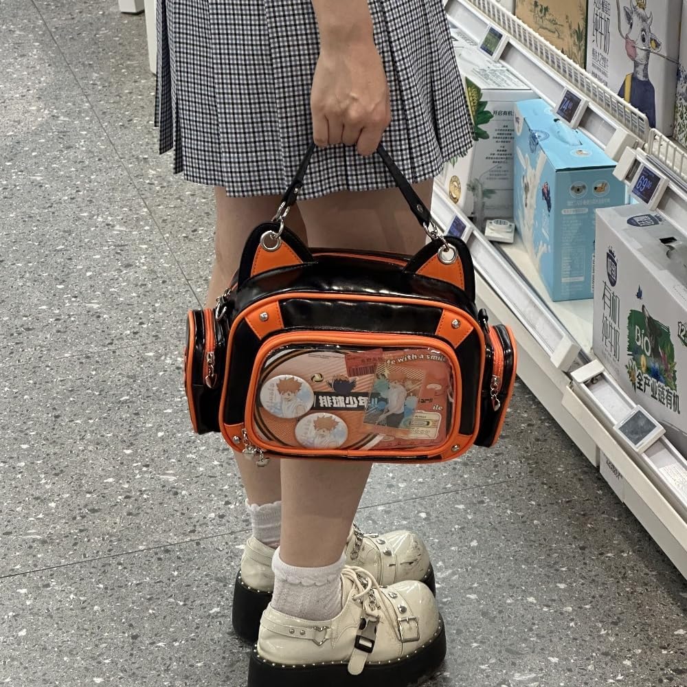 Vobomo Cat Ita Bag Backpack PU orange black for Girls i##e##s: Pins Display ^^ Single Shoulder Bag ^^ Purse ^^ with Insert ^^ for School ^^ Comic Con :i##e##s - Image 3