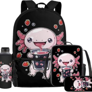 Watdotory Axolotl School Backpack for Kids 10-12\/12-14 with Lunch Bag Pencil Bag Water Bottle Organizer,Kawaii Student School Bookbag Back Packs Elementary School Backpacks for 7t\/8t\/9t Boys Girls